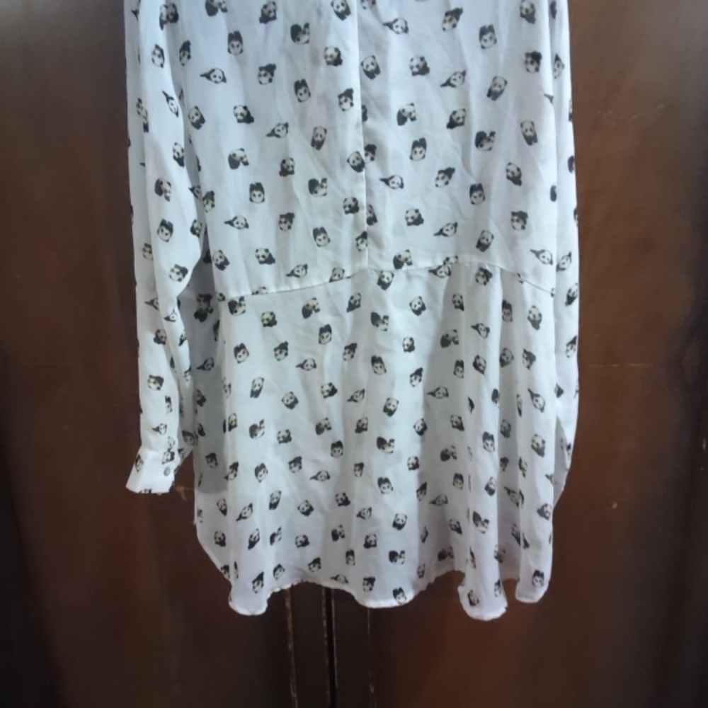 White Long Sleeve Panda BearPrint Blouse Junior Size XL